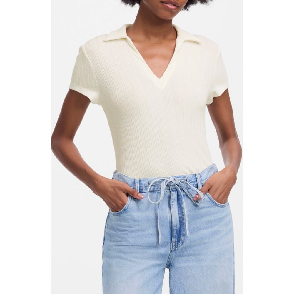 Madewell Ribbed V Neck Polo Tee Top Stretch Lyocell Lighthouse Ivory Slim XS NWT